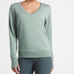 Athleta Sunrise V Neck Sweatshirt Jade Sage Green Blue Soft Long Sleeve XL Tall